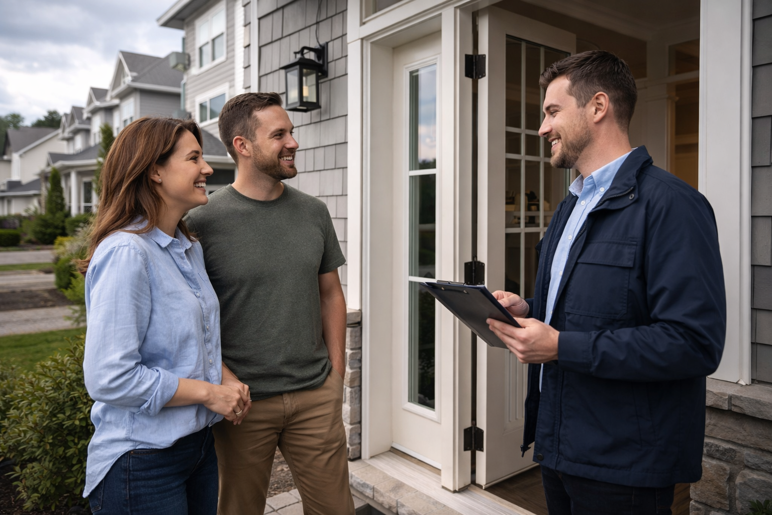 Couple speaking with a property manager at a front door