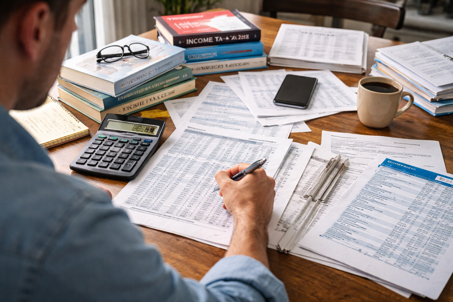 Financial reporting paperwork and bookkeeping materials on a table
